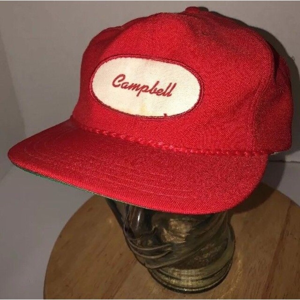 Vintage CAMPBELL Soup Company 70s 80s USA Red Hat Cap Strapback Derby PATCH RARE